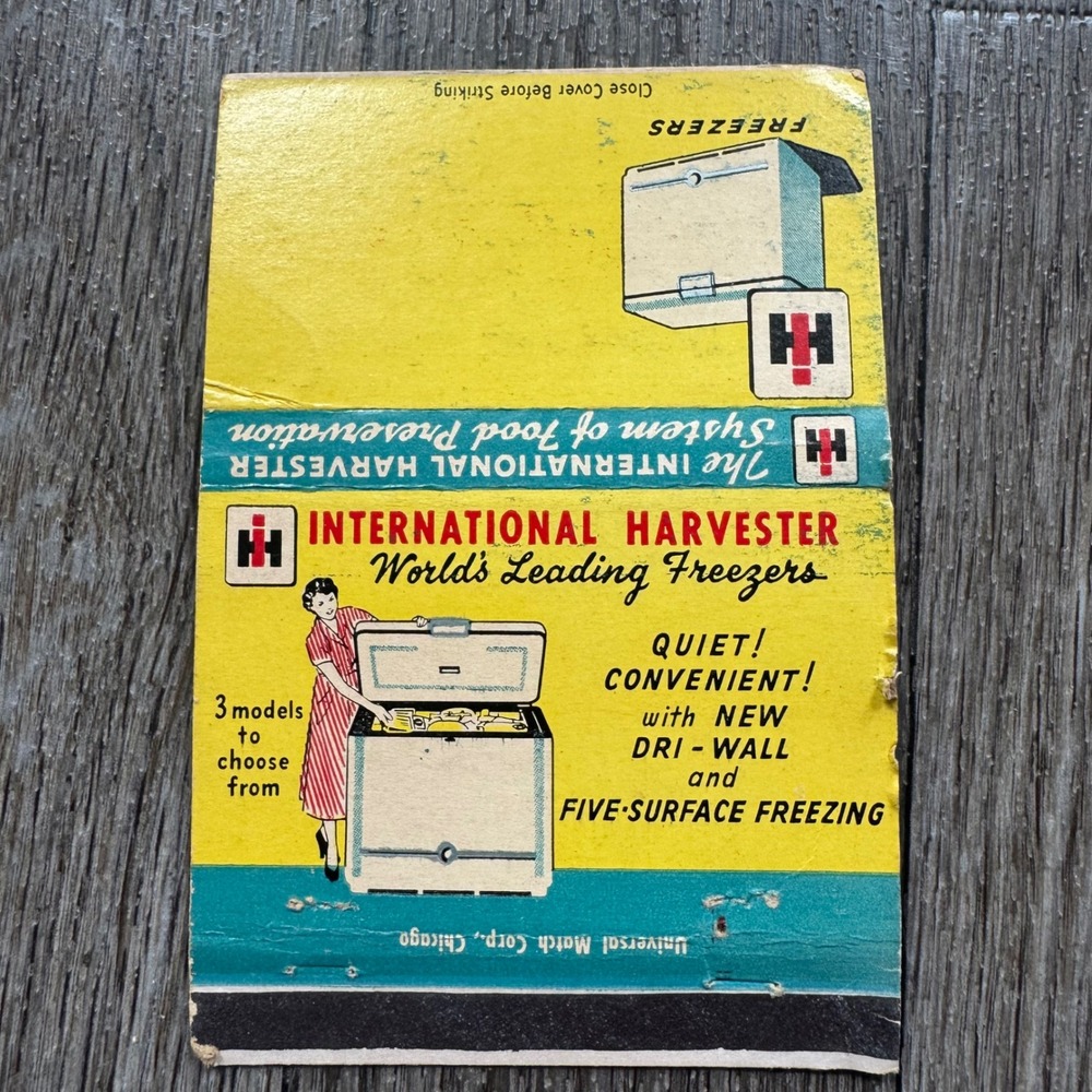 International Harvester Matchbook Cover Vintage 1950s Yellow Teal Freezer Ad